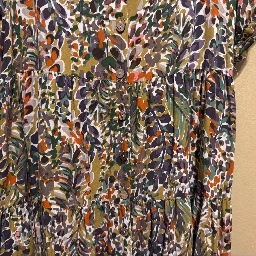 Jodifl Floral Print Olive Green Multi Colored Dress Button Down V-Neck Sz M - Picture 3 of 11
